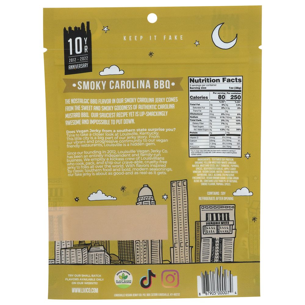 LOUISVILLE VEGAN JERKY: Smokey Carolina BBQ, 3 oz