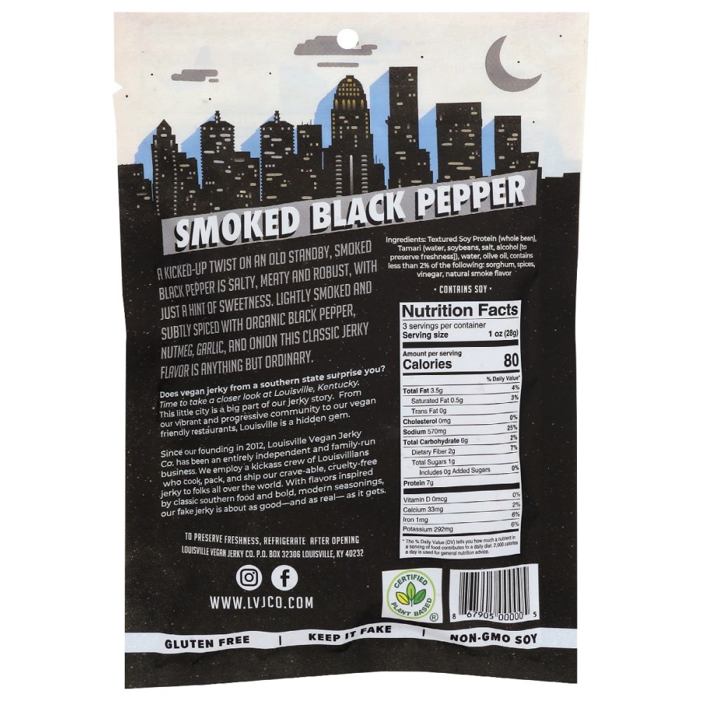 LOUISVILLE VEGAN JERKY: Smoked Black Pepper, 3 oz