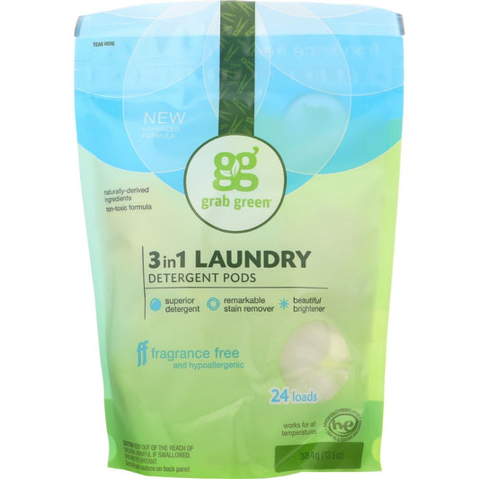 GRABGREEN: 3-in-1 Laundry Detergent 24 Loads Fragrance Free, 15.2 oz